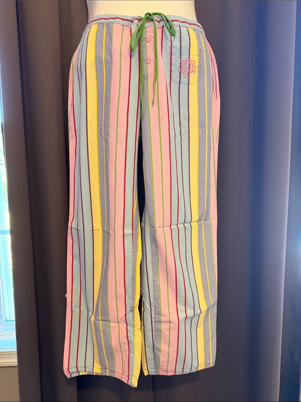 Victoria's Secret Multicolor Vertical Stripe Pajama Pants with Green Drawstring